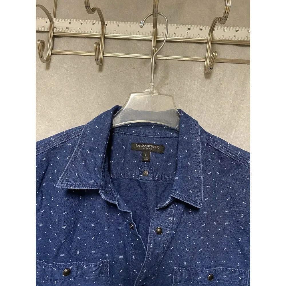 Banana Republic Men Shirt L Blue‎ AOP Slim Snap Button Up Casual Chambray Preppy